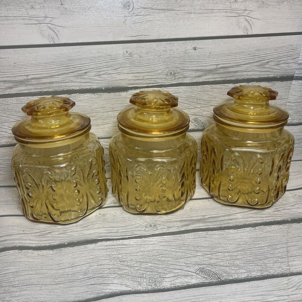 Amber Glass Canister L.E. Smith Atterbury Scroll Set Of 3